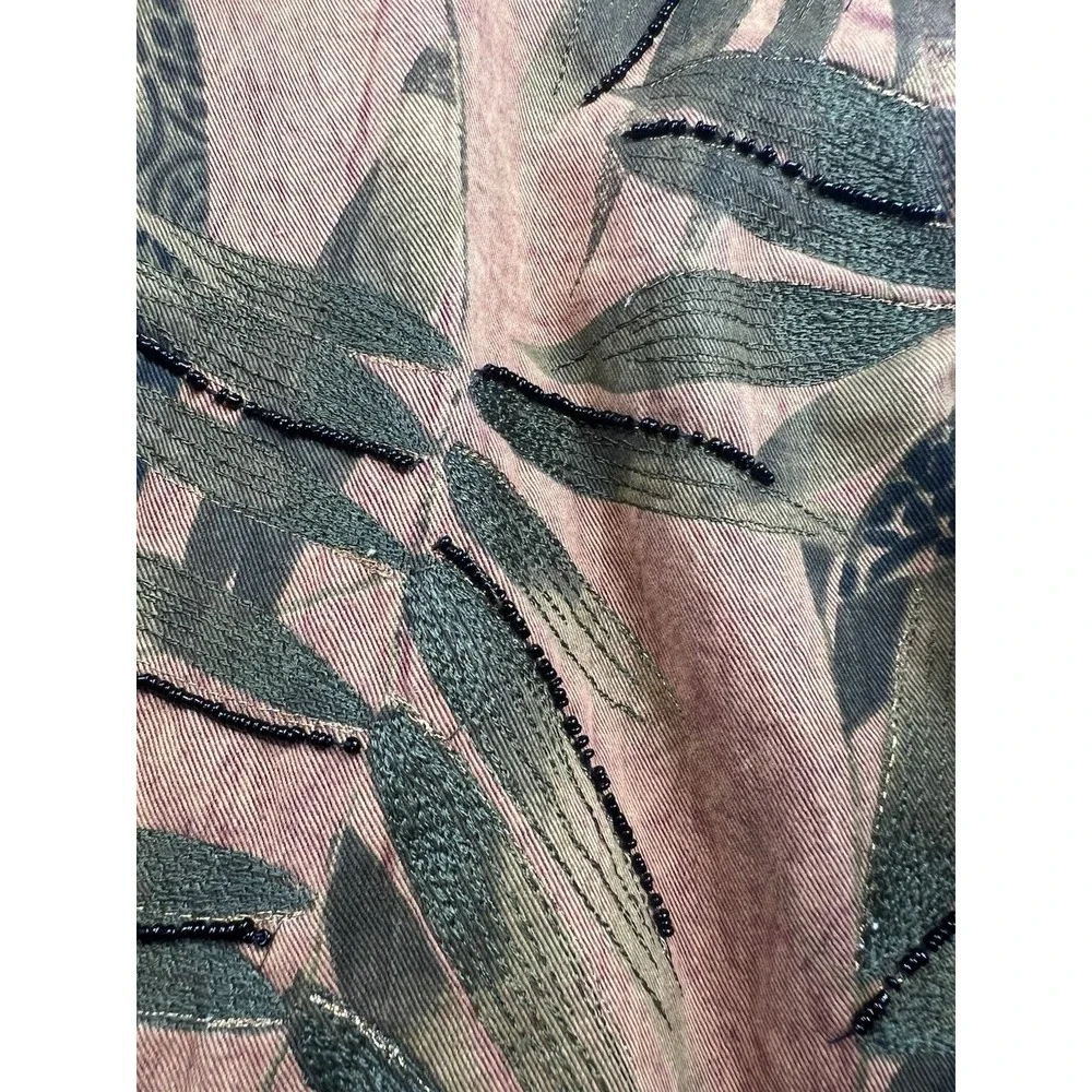 Chico's Design Womens Size 1/M Beaded Tropical Leaf Print Button Front Blazer